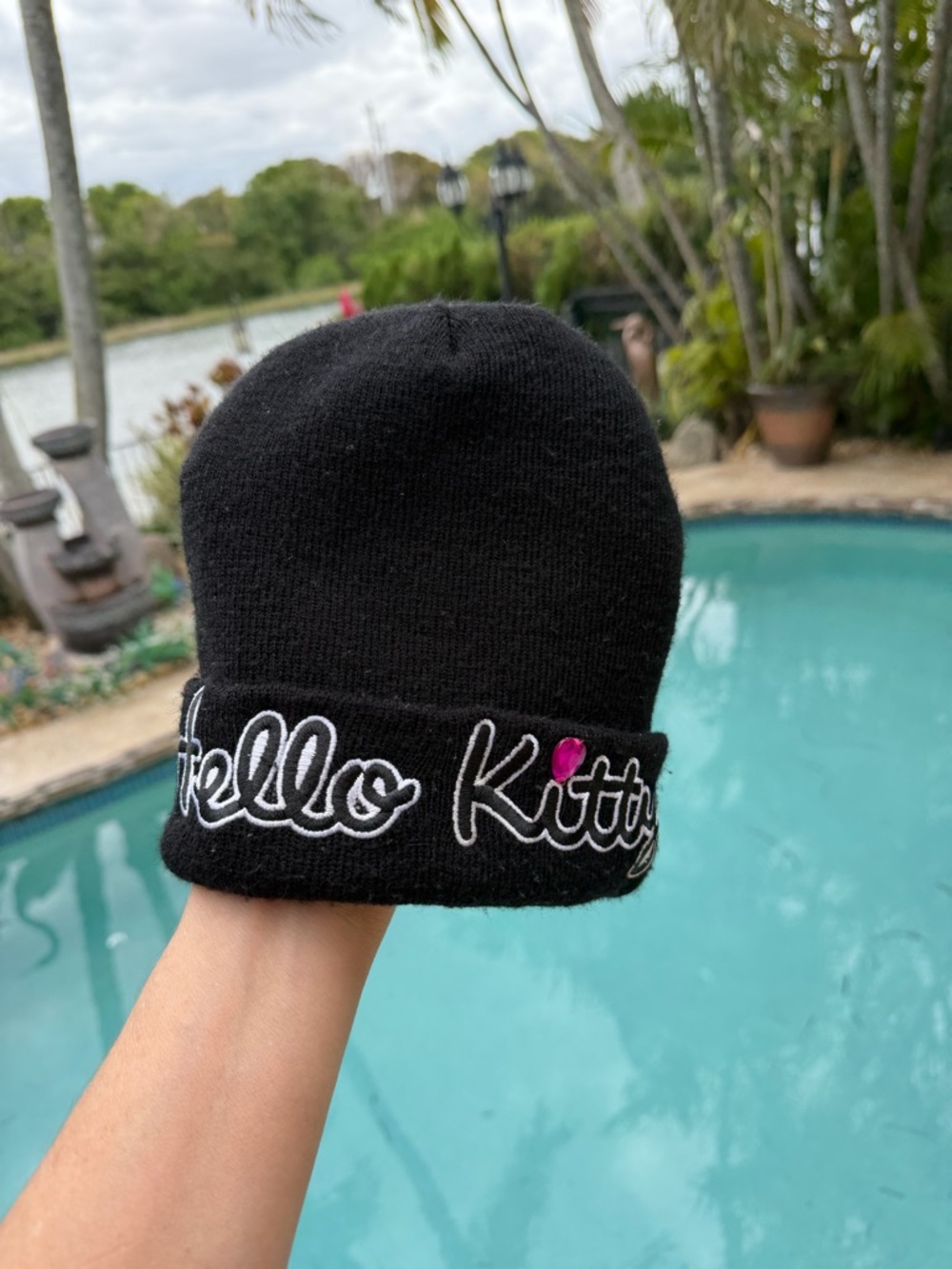 Loungenfly for Sanrio Hello Kitty Black Cuffed Beanie with Pink Accent